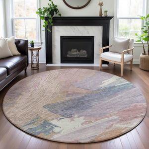 HomeRoots 8' X 8' Abstract Pink Ivory Beige Washable Round Rug - Durable, Stain Resistant, UV Protected Design 694137