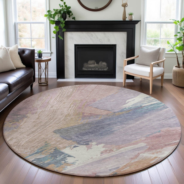 HomeRoots 8' X 8' Abstract Pink Ivory Beige Washable Round Rug - Durable, Stain Resistant, UV Protected Design 694137
