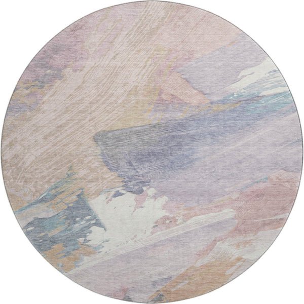 HomeRoots 8' X 8' Abstract Pink Ivory Beige Washable Round Rug - Durable, Stain Resistant, UV Protected Design 694137