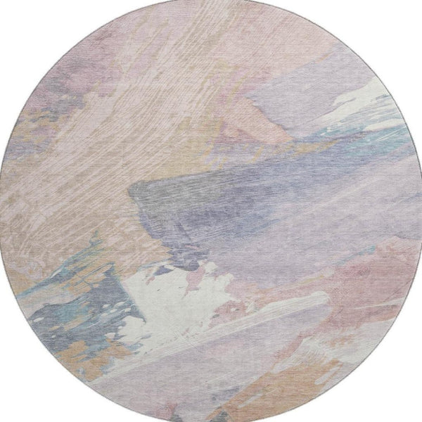 HomeRoots 8' X 8' Abstract Pink Ivory Beige Washable Round Rug - Durable, Stain Resistant, UV Protected Design 694137