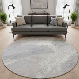 HomeRoots 8' X 8' Abstract Beige Gray Silver Washable Round Rug with UV Protection for Modern Spaces 694143