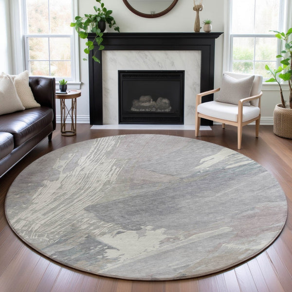 HomeRoots 8' X 8' Abstract Beige Gray Silver Washable Round Rug with UV Protection for Modern Spaces 694143