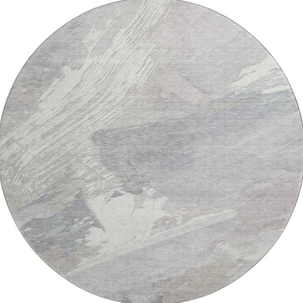 HomeRoots 8' X 8' Abstract Beige Gray Silver Washable Round Rug with UV Protection for Modern Spaces 694143