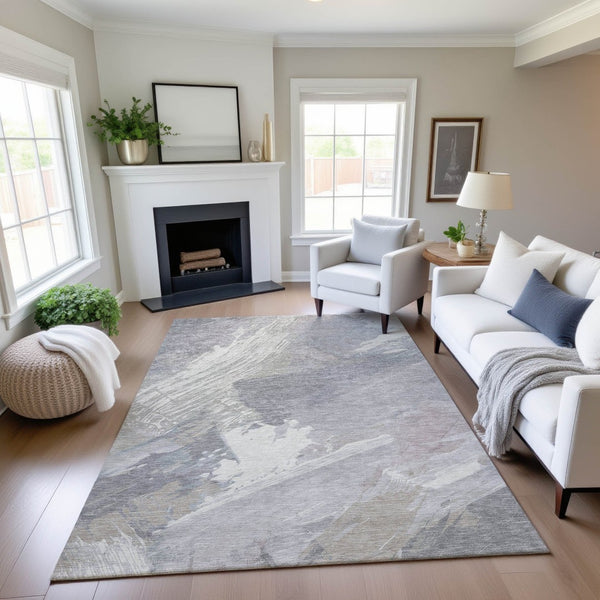HomeRoots 8' Beige Gray Silver Abstract Washable Area Rug - Modern Stain-Resistant Design with UV Protection 694144