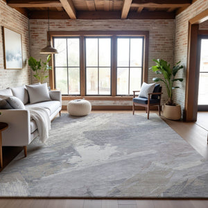 HomeRoots 8' Beige Gray Silver Abstract Washable Area Rug - Modern Stain-Resistant Design with UV Protection 694144