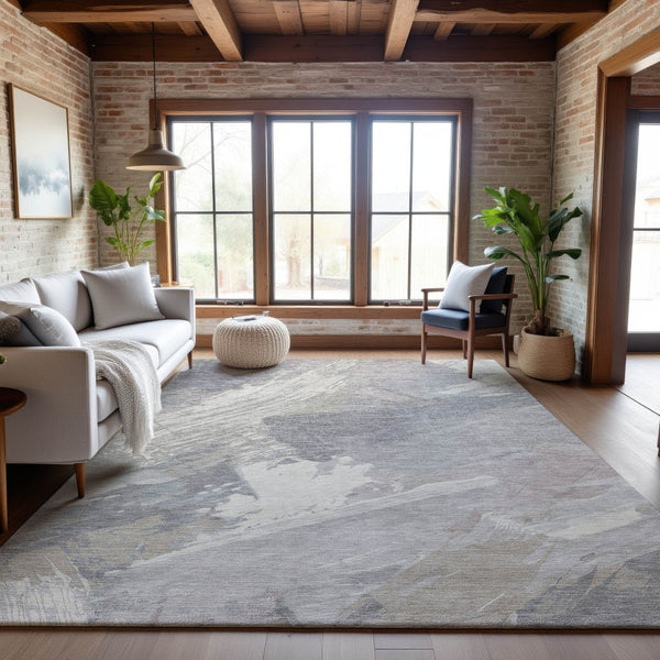 HomeRoots 8' Beige Gray Silver Abstract Washable Area Rug - Modern Stain-Resistant Design with UV Protection 694144