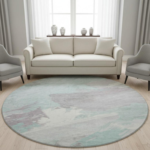 HomeRoots 8' Round Washable Rug in Pale Aqua, Gray & Silver - Stylish Abstract Design with UV Protection! 694149