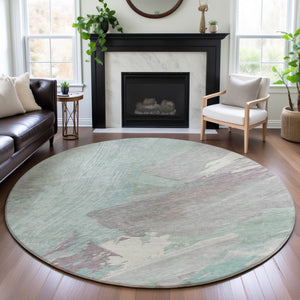 HomeRoots 8' Round Washable Rug in Pale Aqua, Gray & Silver - Stylish Abstract Design with UV Protection! 694149