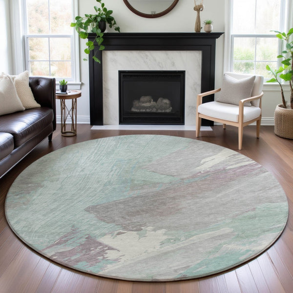 HomeRoots 8' Round Washable Rug in Pale Aqua, Gray & Silver - Stylish Abstract Design with UV Protection! 694149