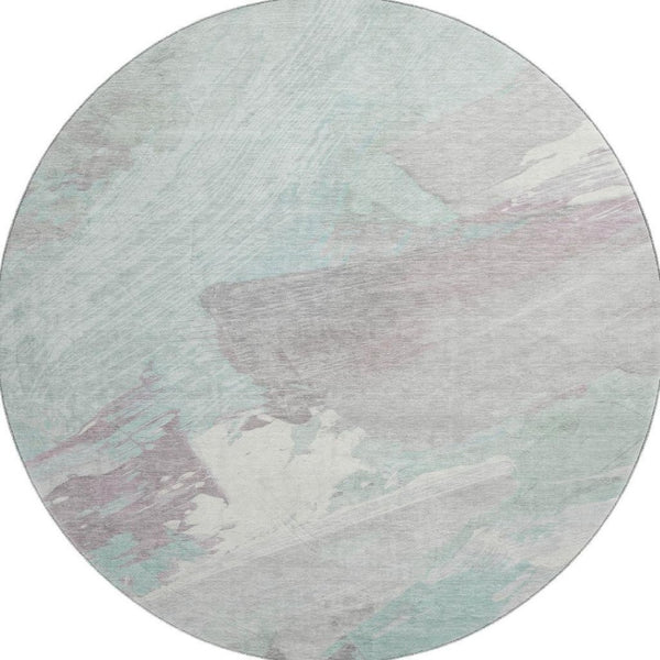 HomeRoots 8' Round Washable Rug in Pale Aqua, Gray & Silver - Stylish Abstract Design with UV Protection! 694149