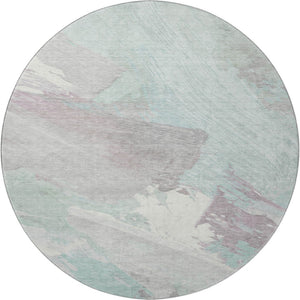 HomeRoots 8' Round Washable Rug in Pale Aqua, Gray & Silver - Stylish Abstract Design with UV Protection! 694149
