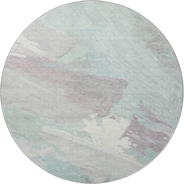 HomeRoots 8' Round Washable Rug in Pale Aqua, Gray & Silver - Stylish Abstract Design with UV Protection! 694149