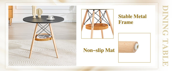 English Elm 31.5-inch Round Dining Table Solid Legs Woven Basket Storage Compact Modern Minimalist Black,Wood W1151P431132