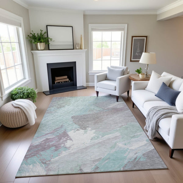 HomeRoots 9' X 12' Abstract Pale Aqua Gray & Silver Washable Area Rug with UV Protection for Modern Spaces 694151