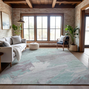 HomeRoots 9' X 12' Abstract Pale Aqua Gray & Silver Washable Area Rug with UV Protection for Modern Spaces 694151