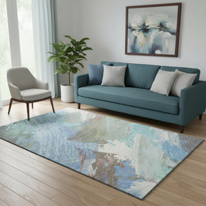 HomeRoots 5' X 8' Sky Blue, Ivory & Charcoal Abstract Washable Area Rug with UV Protection for Busy Homes 694154