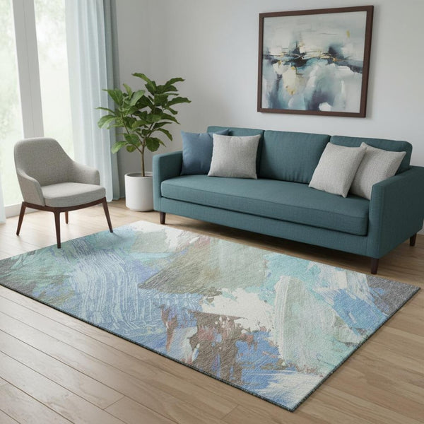 HomeRoots 5' X 8' Sky Blue, Ivory & Charcoal Abstract Washable Area Rug with UV Protection for Busy Homes 694154