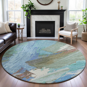 HomeRoots 8' X 8' Abstract Washable Round Rug in Sky Blue, Ivory & Charcoal with UV Protection for Modern Spaces 694155