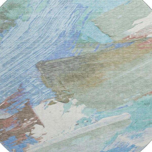 HomeRoots 8' X 8' Abstract Washable Round Rug in Sky Blue, Ivory & Charcoal with UV Protection for Modern Spaces 694155