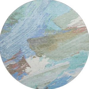 HomeRoots 8' X 8' Abstract Washable Round Rug in Sky Blue, Ivory & Charcoal with UV Protection for Modern Spaces 694155