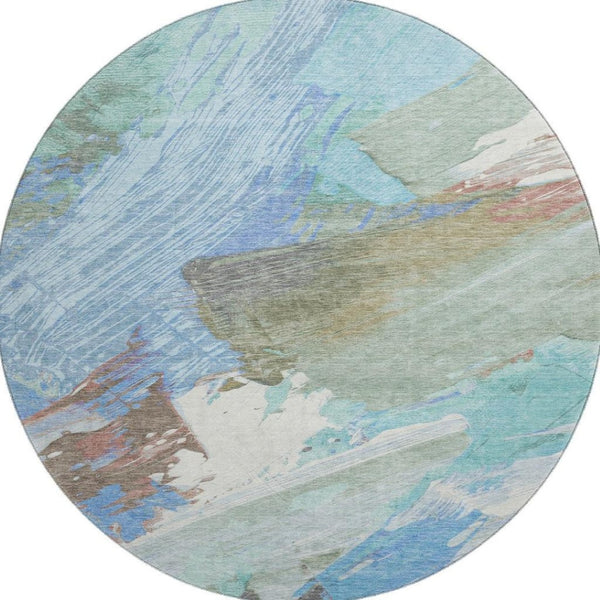 HomeRoots 8' X 8' Abstract Washable Round Rug in Sky Blue, Ivory & Charcoal with UV Protection for Modern Spaces 694155