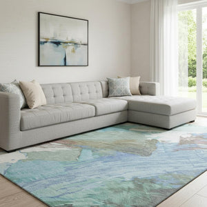 HomeRoots 8' Sky Blue Ivory Charcoal Abstract Area Rug - Washable, UV Protected, Pet-Friendly, Modern Design 694156