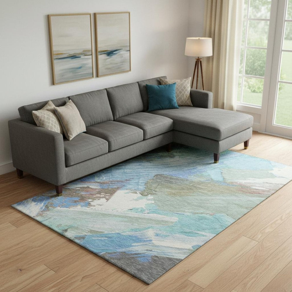HomeRoots 9' X 12' Sky Blue Ivory Charcoal Abstract Area Rug - UV Protected, Washable, Durable Design for Homes 694157