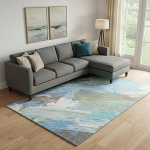HomeRoots 9' X 12' Sky Blue Ivory Charcoal Abstract Area Rug - UV Protected, Washable, Durable Design for Homes 694157