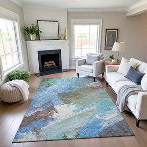 HomeRoots 9' X 12' Sky Blue Ivory Charcoal Abstract Area Rug - UV Protected, Washable, Durable Design for Homes 694157
