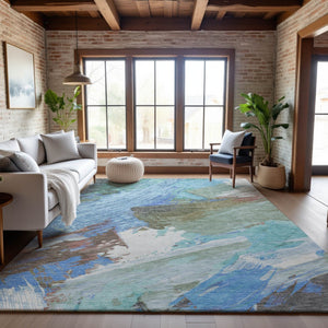 HomeRoots 9' X 12' Sky Blue Ivory Charcoal Abstract Area Rug - UV Protected, Washable, Durable Design for Homes 694157