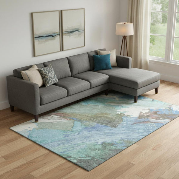 HomeRoots 10' X 14' Sky Blue Ivory Charcoal Abstract Washable Area Rug - UV Protected & Easy Care Design 694158