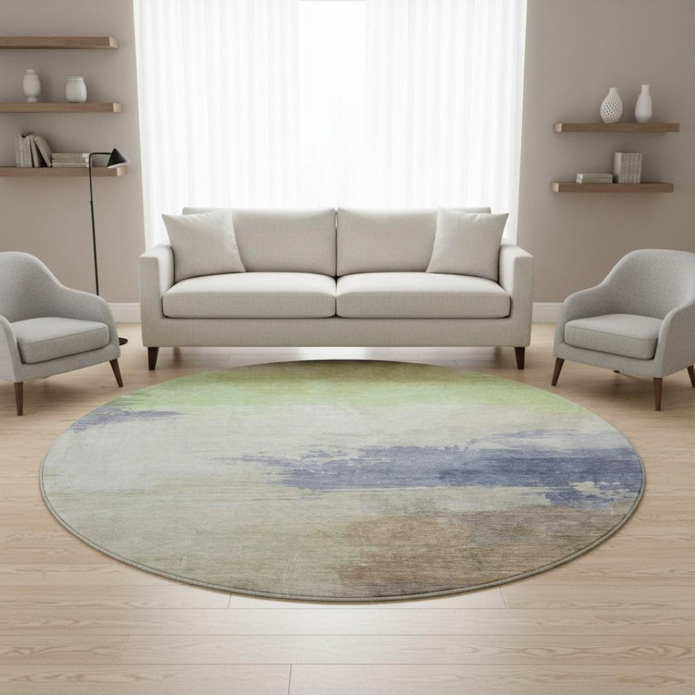 HomeRoots 8' X 8' Abstract Round Rug in Artichoke Green, Lavender & Ivory - Washable, UV Protected & Durable 694161