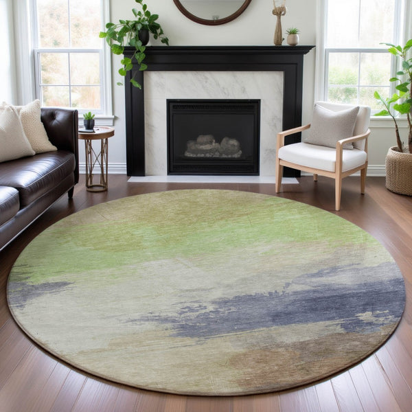 HomeRoots 8' X 8' Abstract Round Rug in Artichoke Green, Lavender & Ivory - Washable, UV Protected & Durable 694161