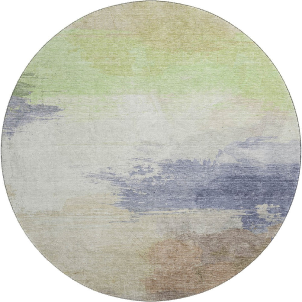 HomeRoots 8' X 8' Abstract Round Rug in Artichoke Green, Lavender & Ivory - Washable, UV Protected & Durable 694161
