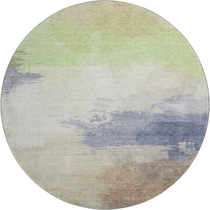 HomeRoots 8' X 8' Abstract Round Rug in Artichoke Green, Lavender & Ivory - Washable, UV Protected & Durable 694161