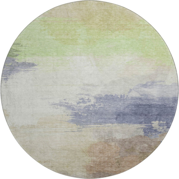 HomeRoots 8' X 8' Abstract Round Rug in Artichoke Green, Lavender & Ivory - Washable, UV Protected & Durable 694161