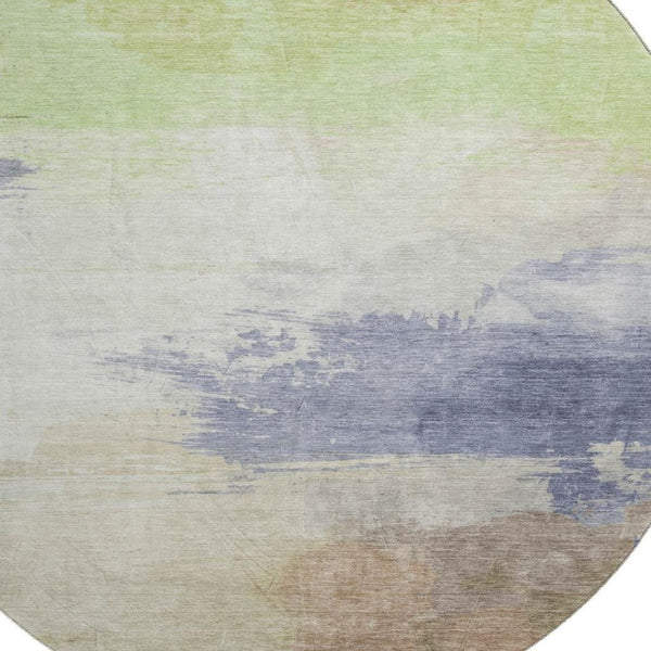 HomeRoots 8' X 8' Abstract Round Rug in Artichoke Green, Lavender & Ivory - Washable, UV Protected & Durable 694161