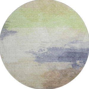 HomeRoots 8' X 8' Abstract Round Rug in Artichoke Green, Lavender & Ivory - Washable, UV Protected & Durable 694161