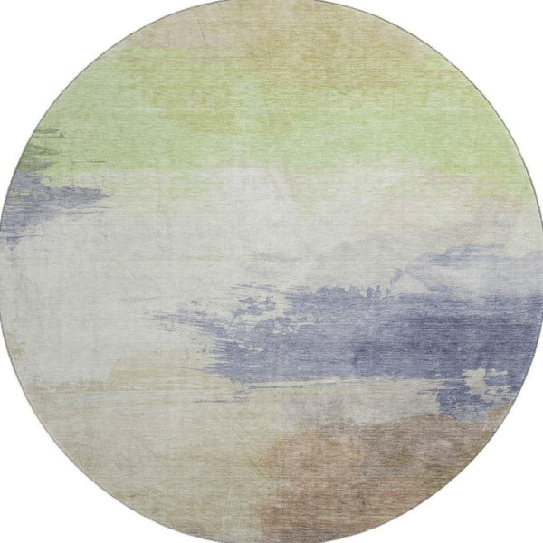 HomeRoots 8' X 8' Abstract Round Rug in Artichoke Green, Lavender & Ivory - Washable, UV Protected & Durable 694161