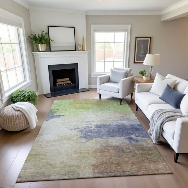 HomeRoots 10' X 14' Artichoke Green Abstract Area Rug - Stylish, Washable, UV-Protected, Perfect for Any Space! 694164