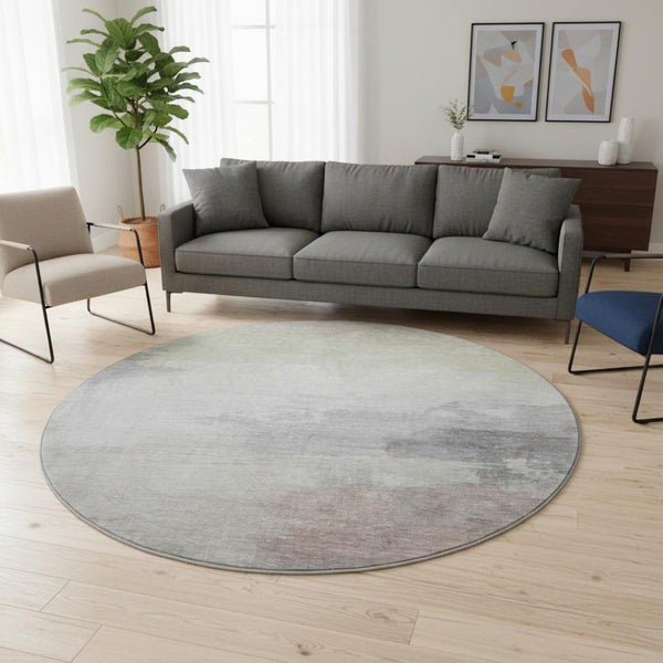 HomeRoots 8' Round Abstract Washable Rug in Beige, Gray & Silver with UV Protection - Perfect for Modern Homes 694167