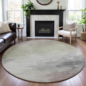 HomeRoots 8' Round Abstract Washable Rug in Beige, Gray & Silver with UV Protection - Perfect for Modern Homes 694167