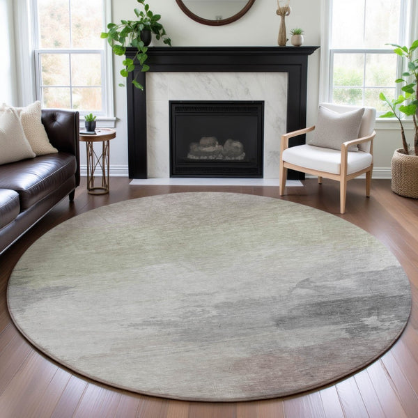HomeRoots 8' Round Abstract Washable Rug in Beige, Gray & Silver with UV Protection - Perfect for Modern Homes 694167