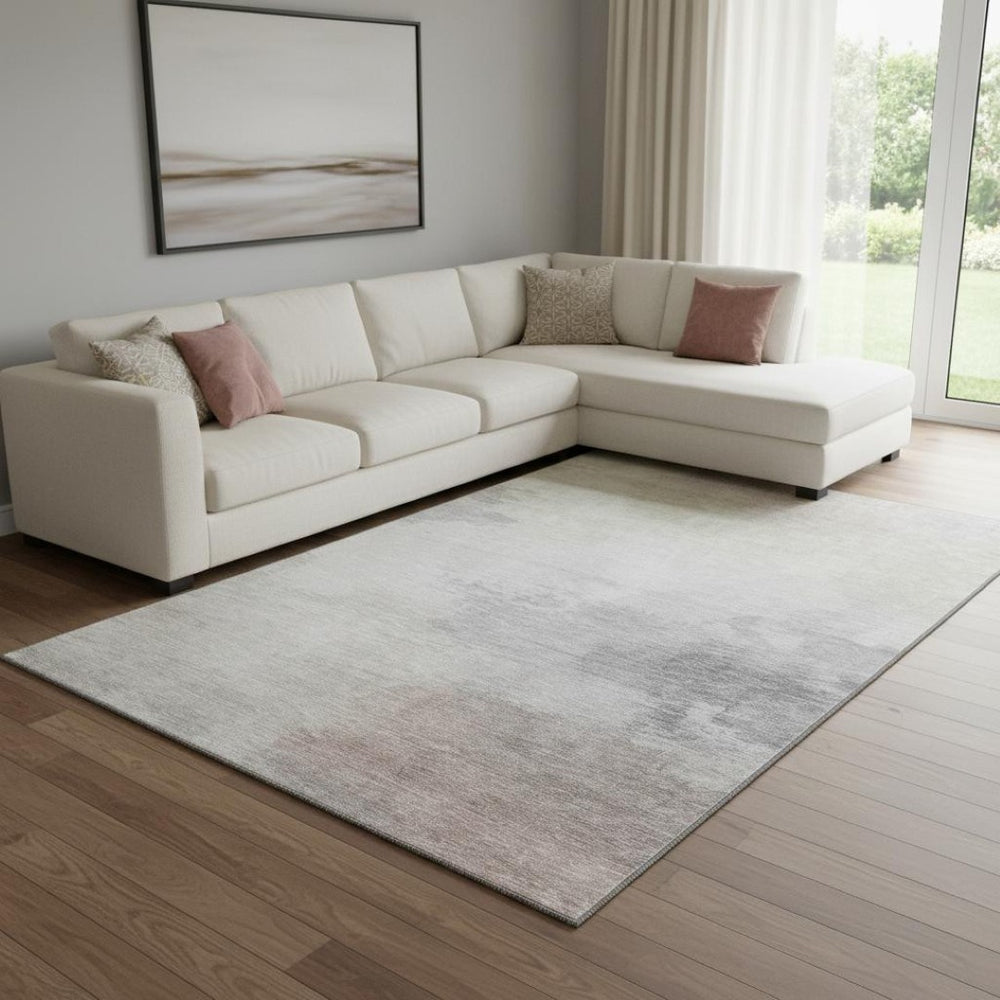 HomeRoots 8' Modern Abstract Washable Area Rug in Beige, Gray & Silver - Stain-Resistant, UV Protected Design 694168
