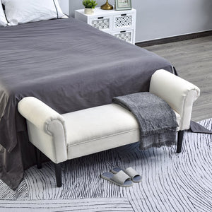 English Elm HOMCOM Upholstered Linen 52" End of Bed Bench with Armrests, Padded Ottoman Seat and Under-Storage Cream White W2225P217017