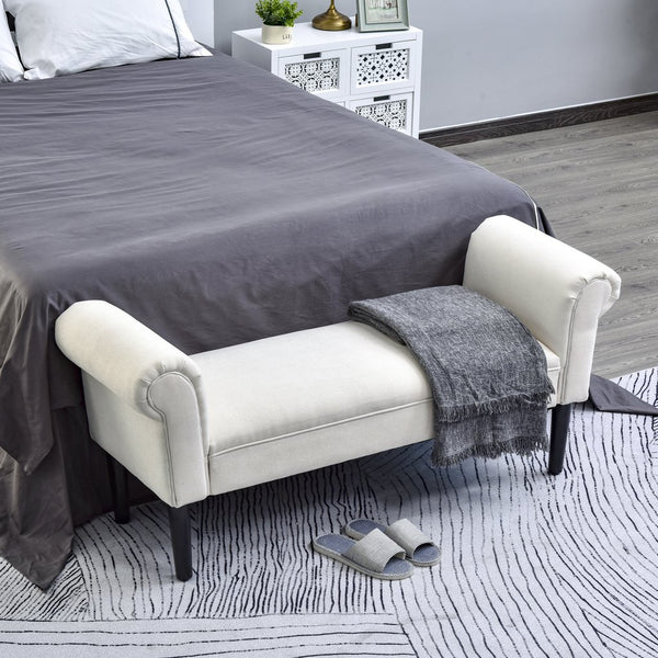 English Elm HOMCOM Upholstered Linen 52" End of Bed Bench with Armrests, Padded Ottoman Seat and Under-Storage Cream White W2225P217017