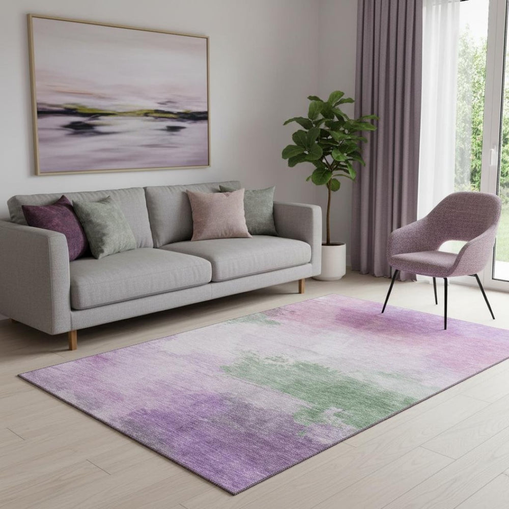 HomeRoots 5' X 8' Abstract Lilac Green Pink Washable Area Rug - Stain Resistant, UV Protected, Durable Style 694172