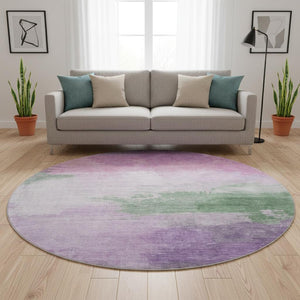 HomeRoots 8' X 8' Washable Lilac Green & Pink Abstract Round Rug with UV Protection - Kid & Pet Friendly! 694173