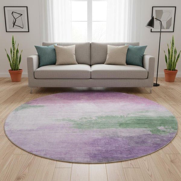 HomeRoots 8' X 8' Washable Lilac Green & Pink Abstract Round Rug with UV Protection - Kid & Pet Friendly! 694173