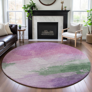 HomeRoots 8' X 8' Washable Lilac Green & Pink Abstract Round Rug with UV Protection - Kid & Pet Friendly! 694173